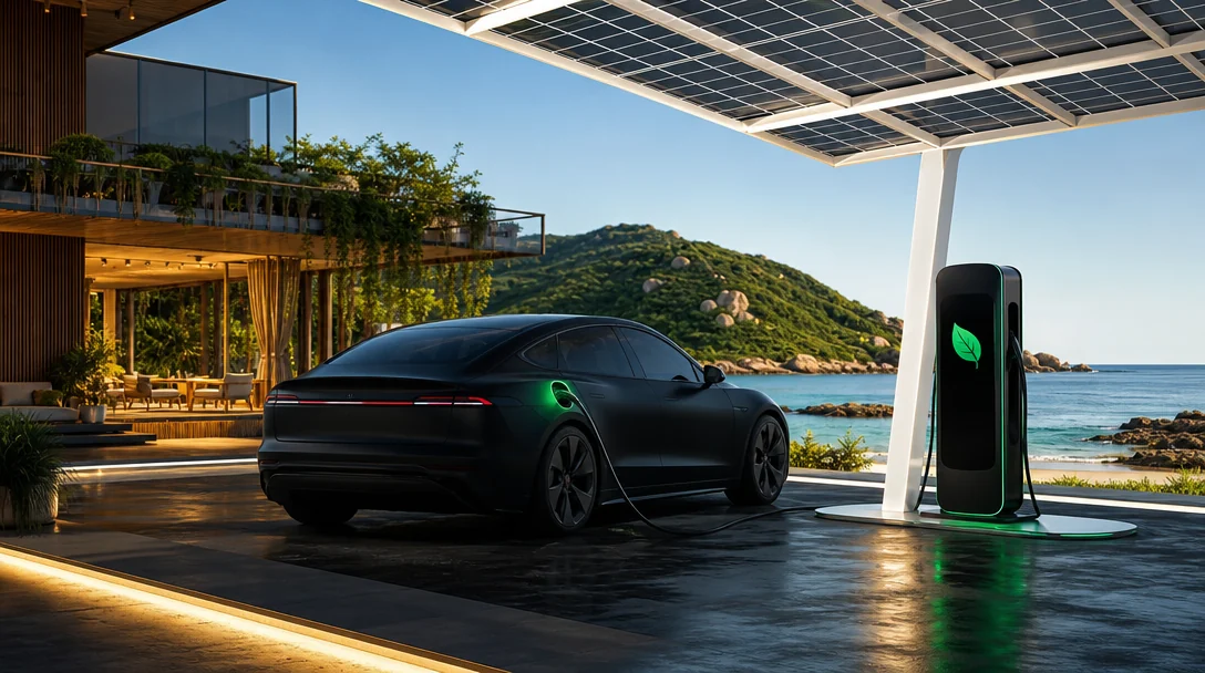 Veículo eletrificado recarregando sob painéis solares